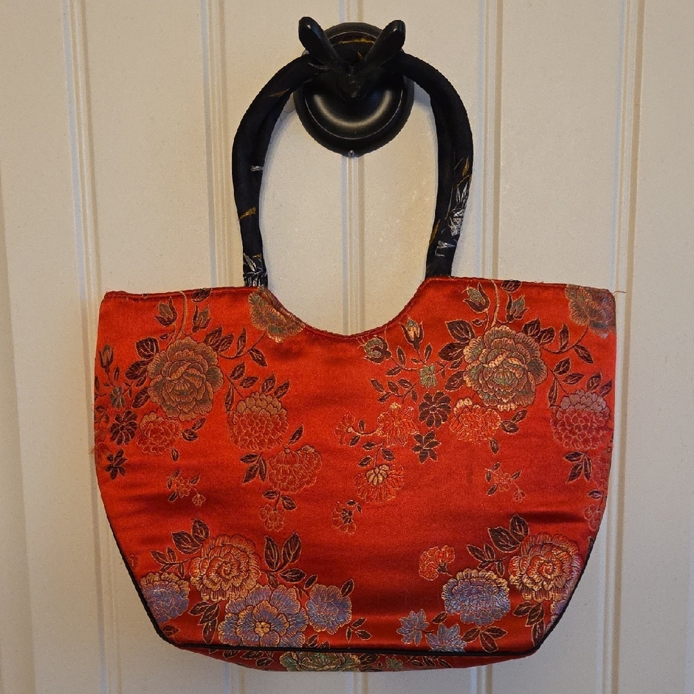 Embroidered Silk Red and Black Floral Tote Bag - Picture 2 of 5